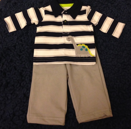 This is little man's possible outfit for his nursery photo. In addition to my obsession with everything nautical (see the next photo), I can't stop buying him dinosaur stuff. 